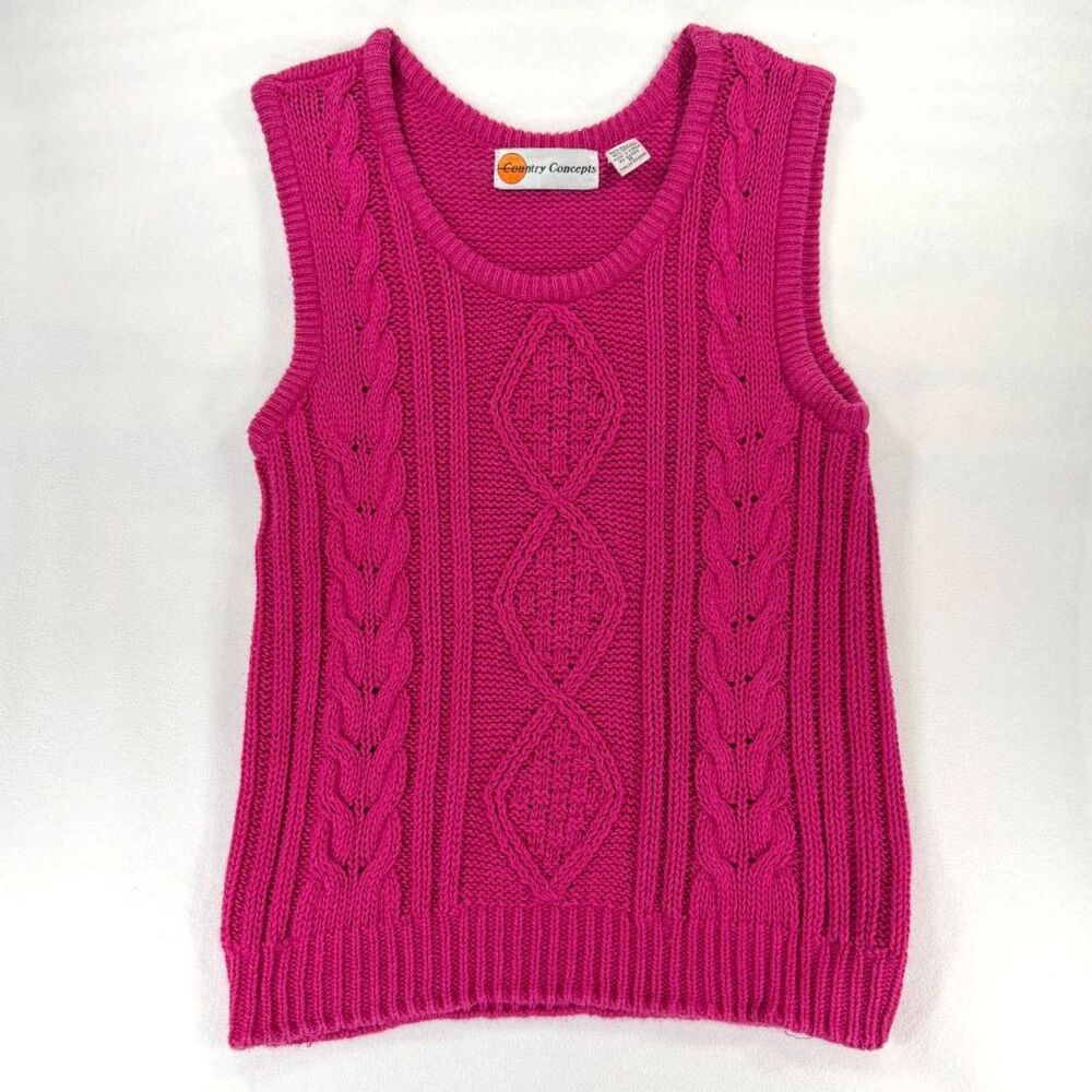 Vintage 80s Hot Pink Sleeveless Cable Knit Sweater Size M Vaporwave Barbiecore